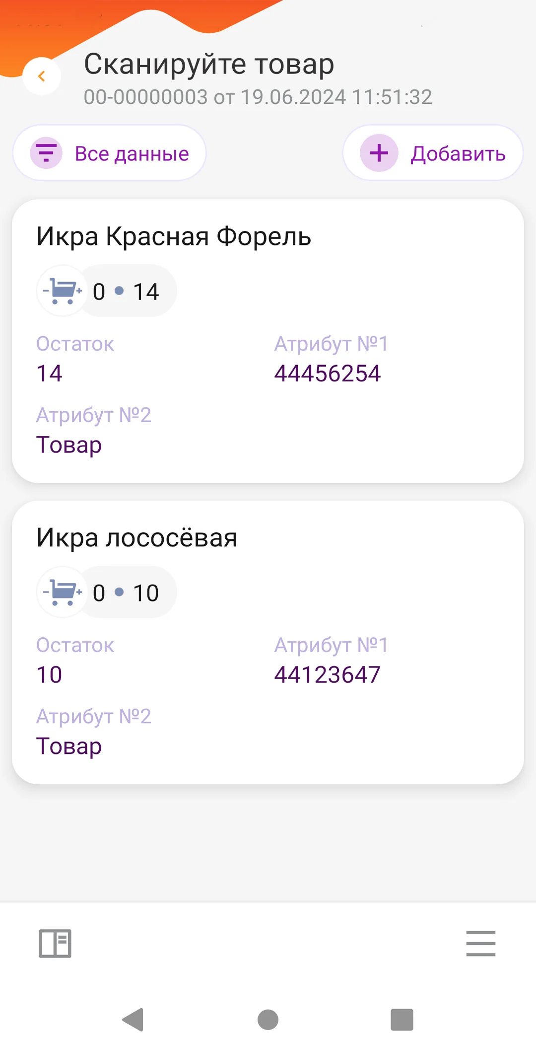Экран мобильного задания DataMobile со сканированием товара